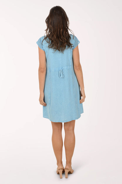 Chiffon Trim Chambray Cap Sleeve Dress