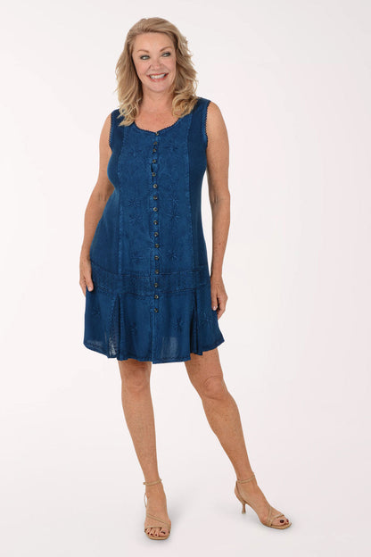Embroidered Denim Button-Front Sleeveless Dress
