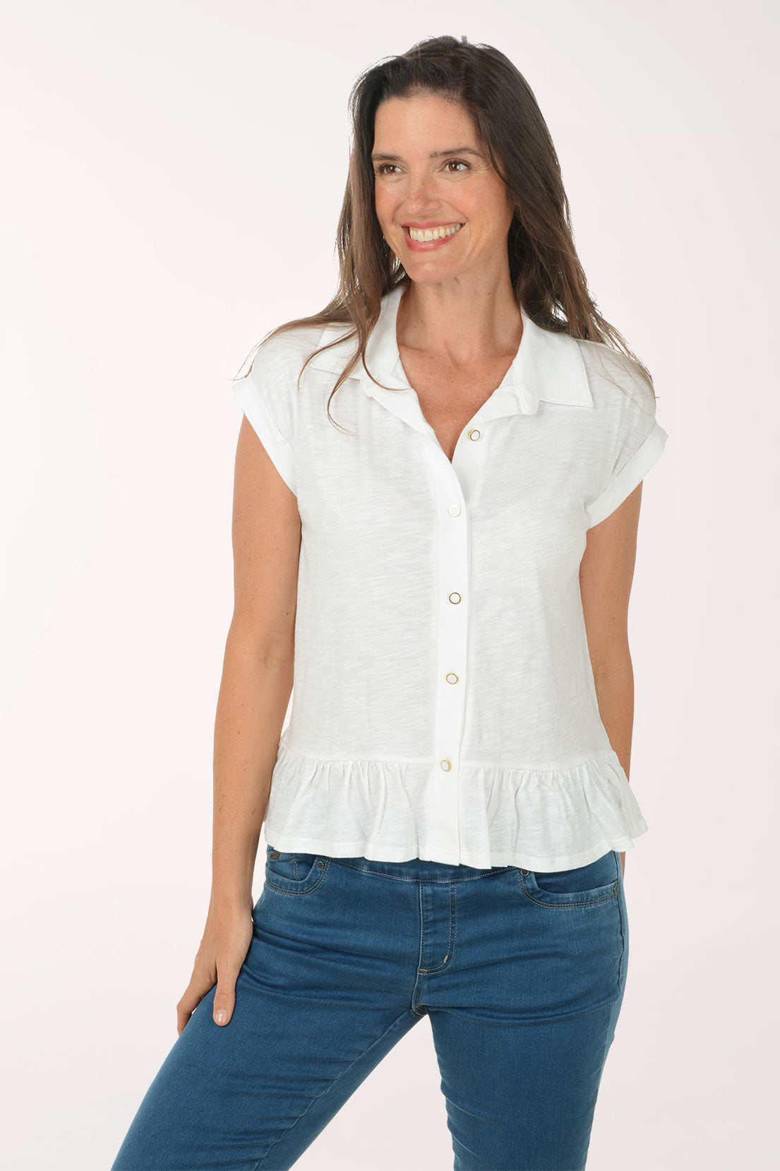 Ruffled Peplum Hem Button Front Top