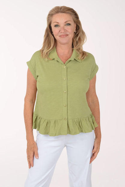Ruffled Peplum Hem Button Front Top