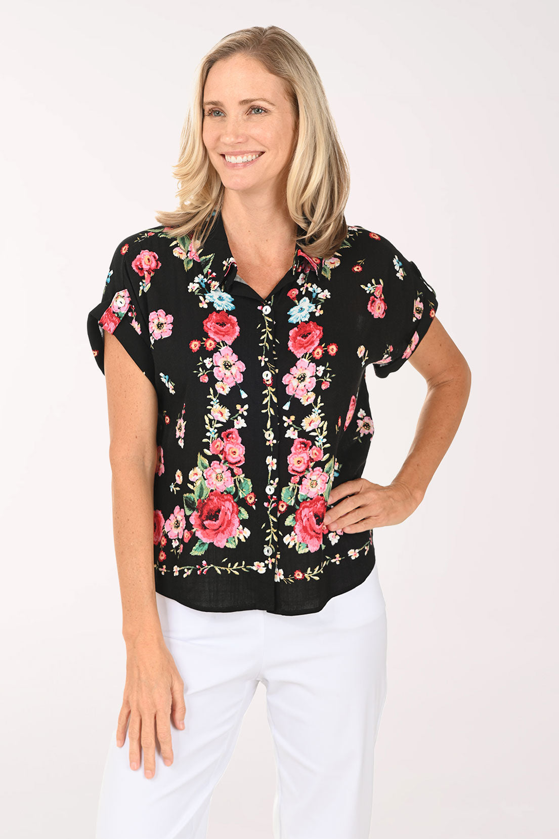 Black Floral Short Rolled Sleeve Shirt
