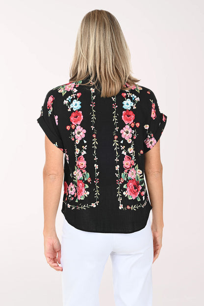 Black Floral Short Rolled Sleeve Shirt