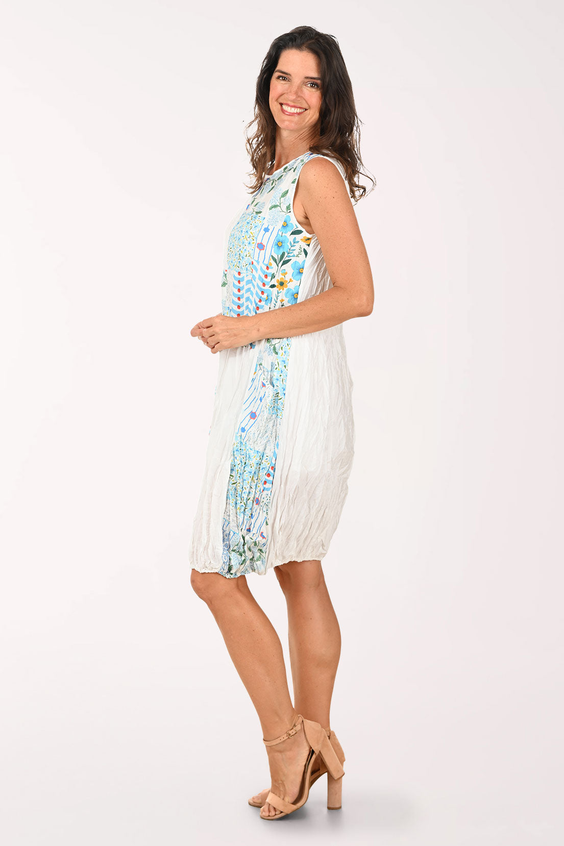 Blue Floral Gathered Hem Sleeveless Dress