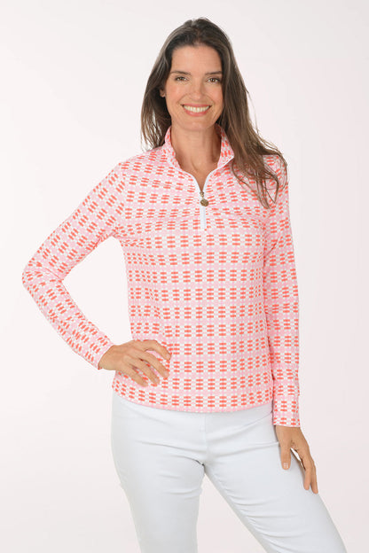 Pink Plaid UPF50 Ruched Quarter Zip Top