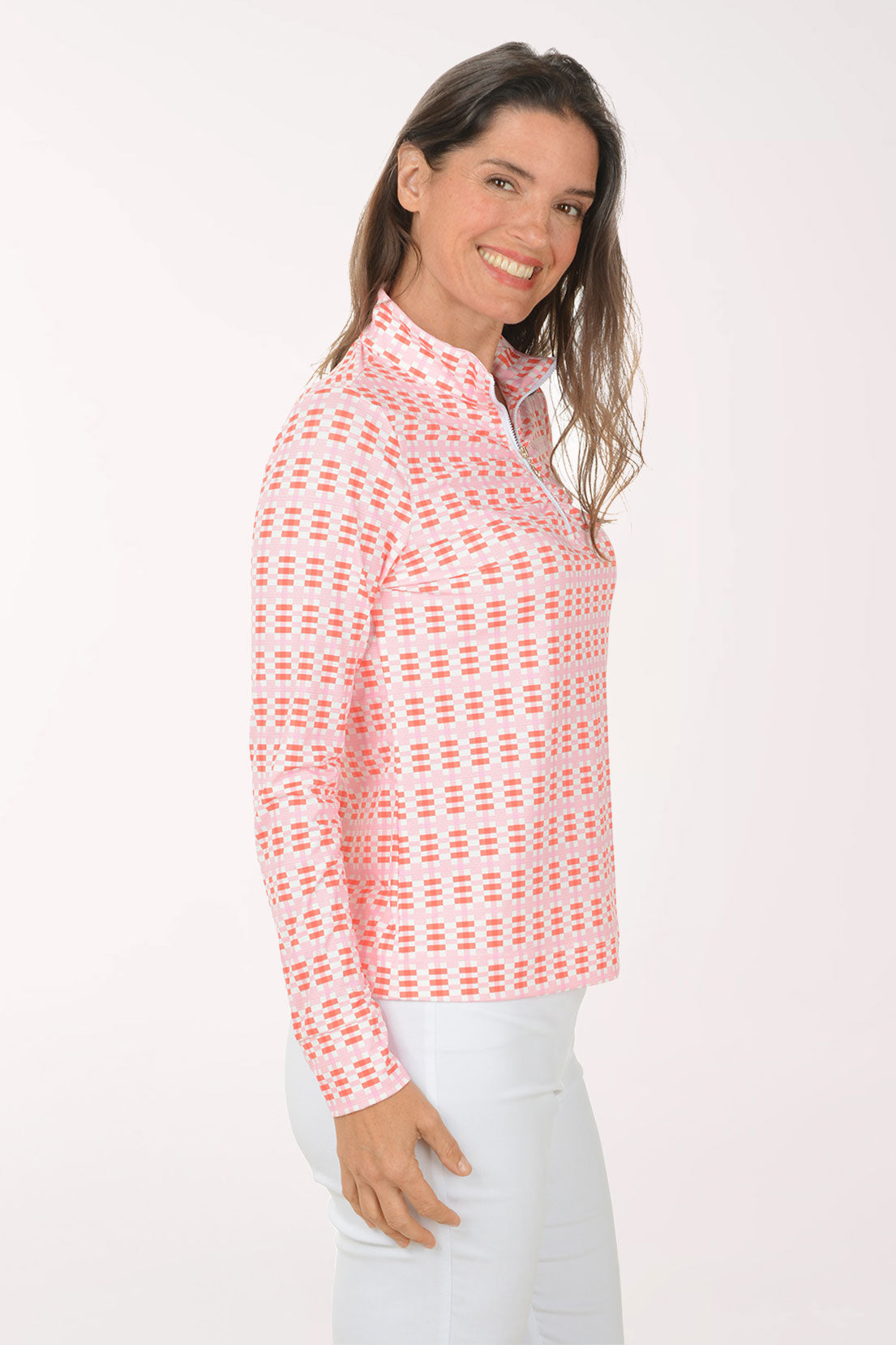 Pink Plaid UPF50 Ruched Quarter Zip Top