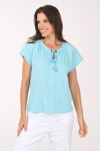 Dotted Lace Trim Tassel Neck Top