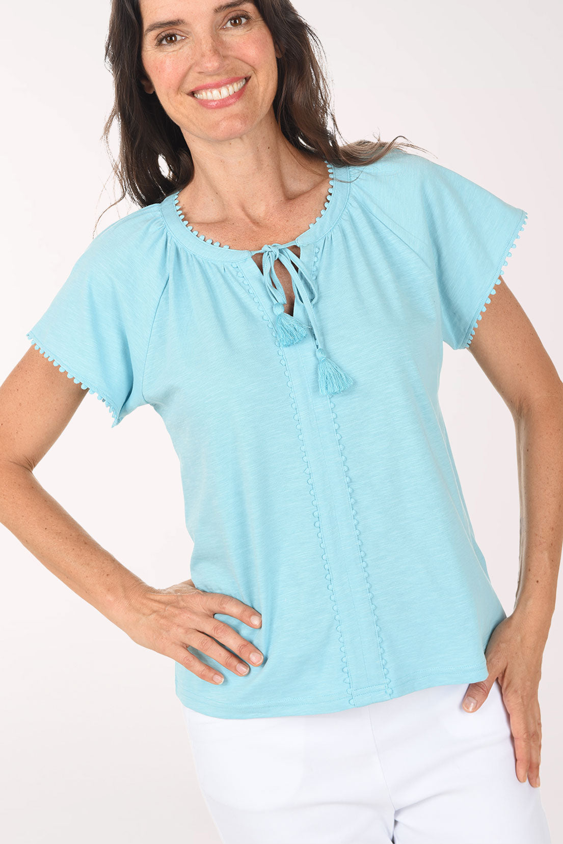Dotted Lace Trim Tassel Neck Top
