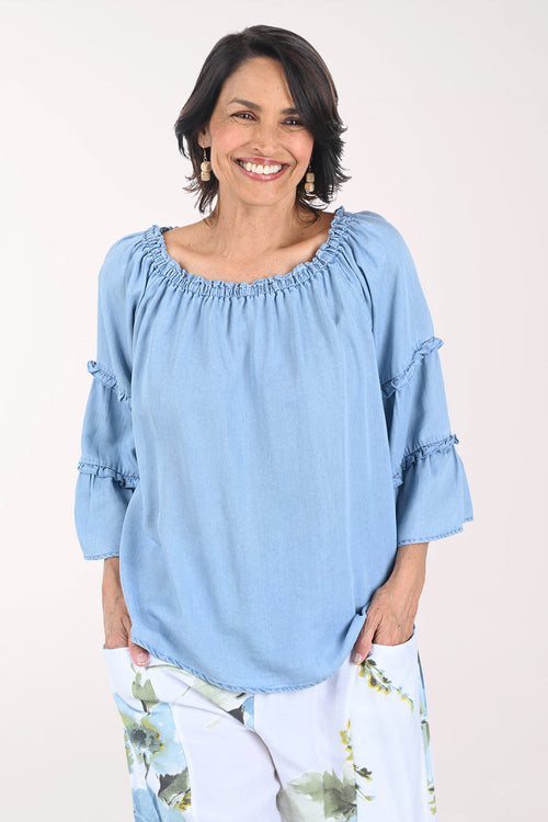Chambray Tencel Ruffled Bell Sleeve Blouse