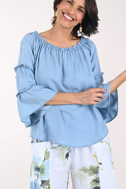 Chambray Tencel Ruffled Bell Sleeve Blouse