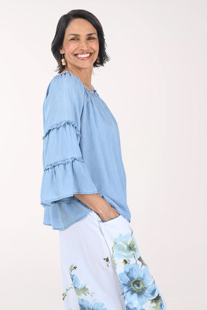 Chambray Tencel Ruffled Bell Sleeve Blouse