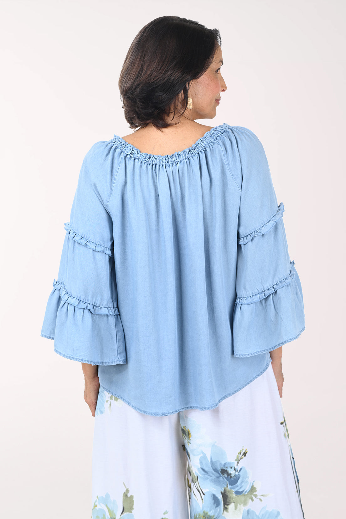Chambray Tencel Ruffled Bell Sleeve Blouse