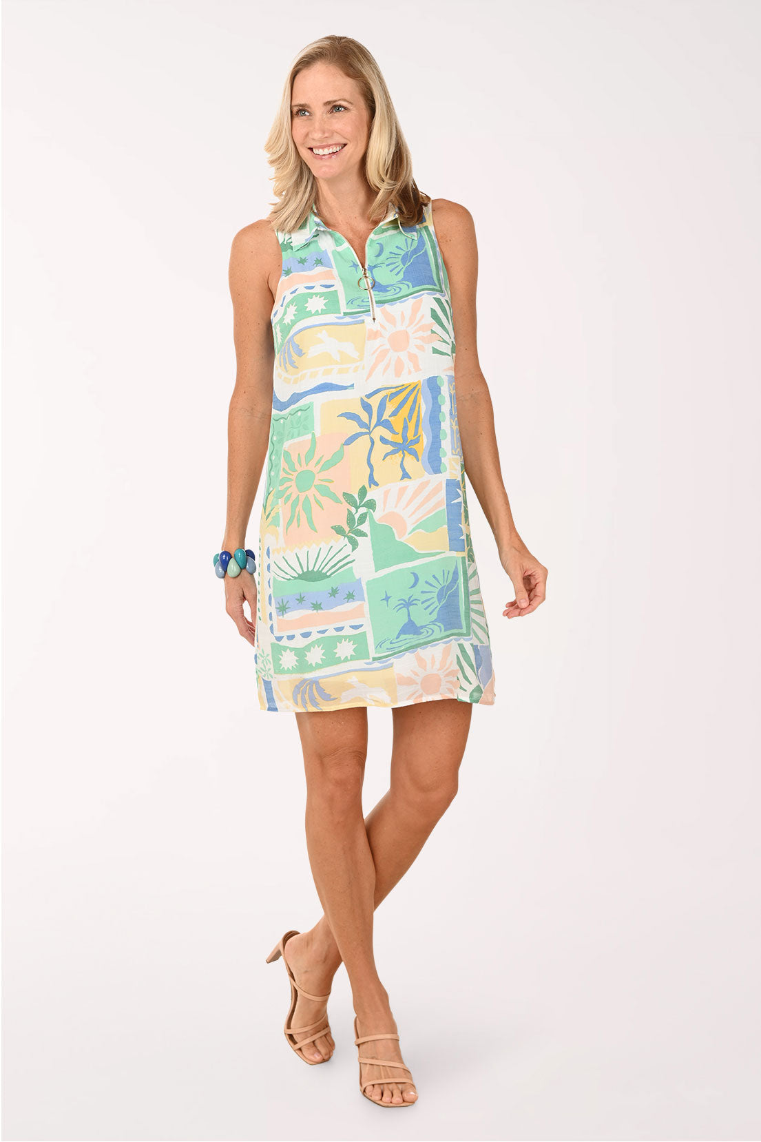 Seagulls Zip Neck Sleeveless Dress