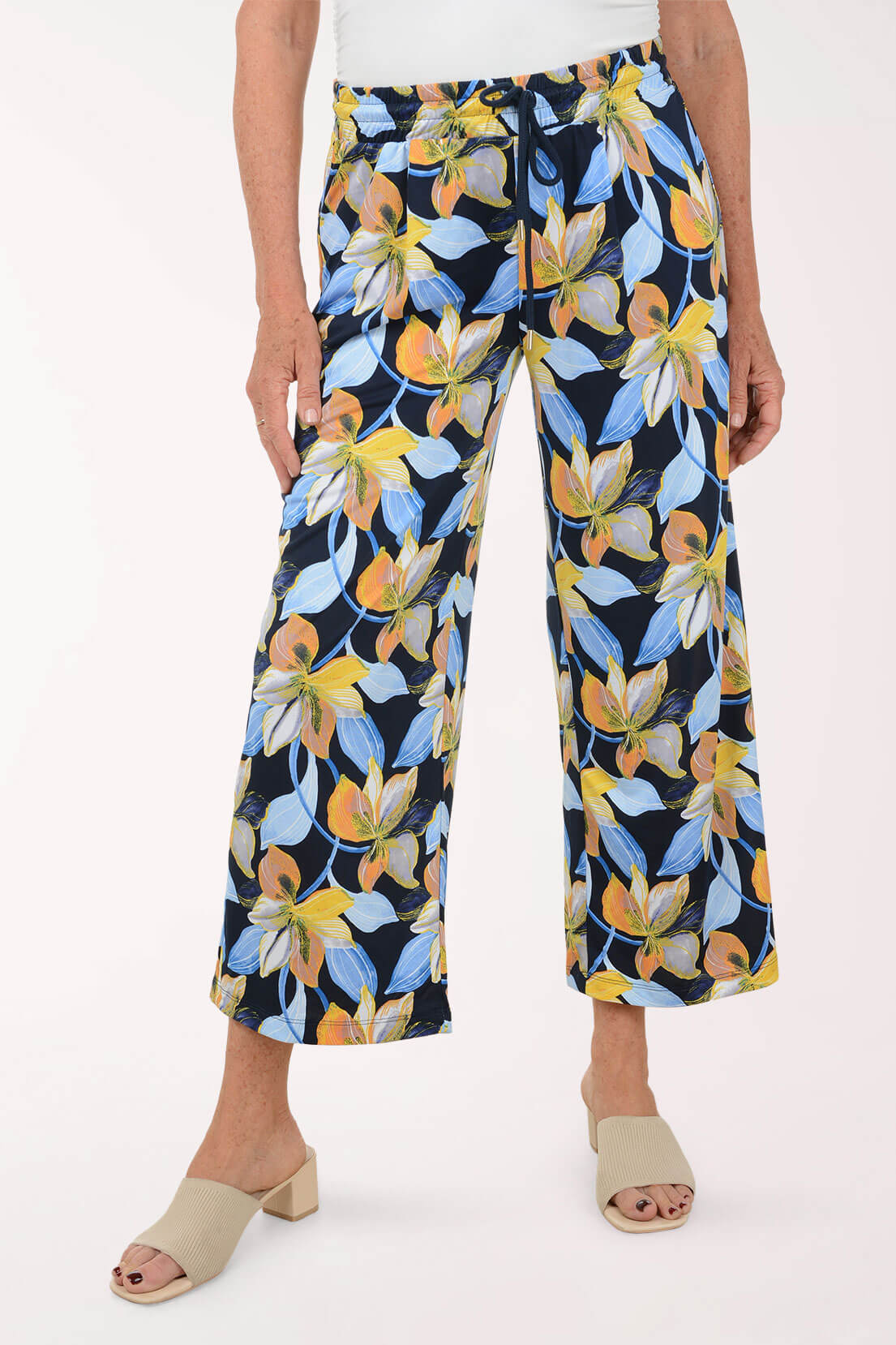 Navy Lilies Drawstring Palazzo Pant