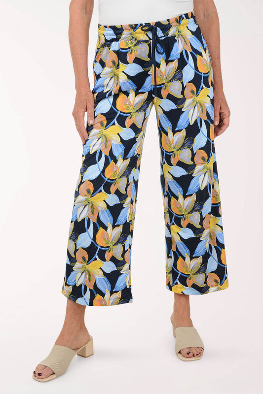 Navy Lilies Drawstring Palazzo Pant