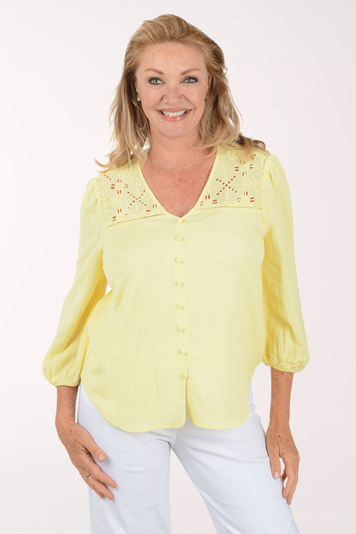 Solid Crepe Button Front Peasant Blouse