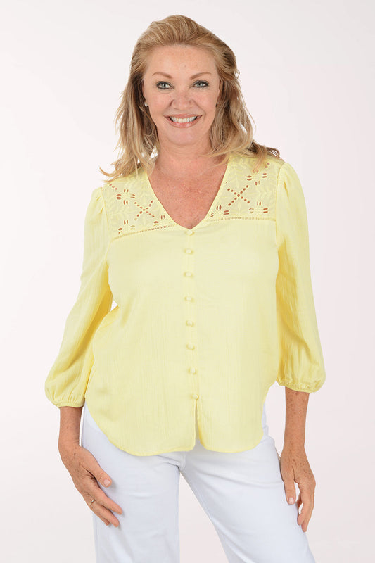 Solid Crepe Button Front Peasant Blouse