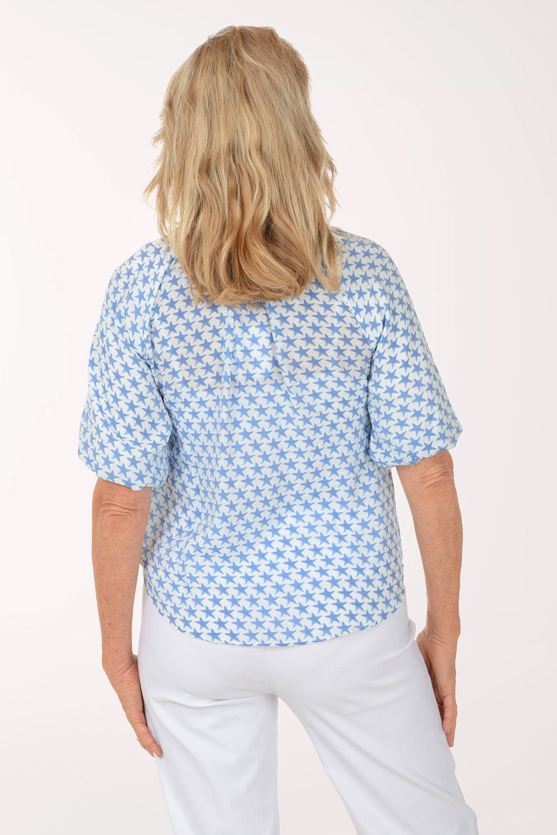 Blue Stars Puffed Sleeve Tie-Front Shirt
