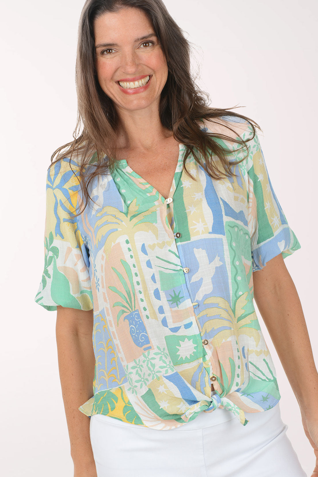 Seagulls Puffed Sleeve Tie-Front Shirt