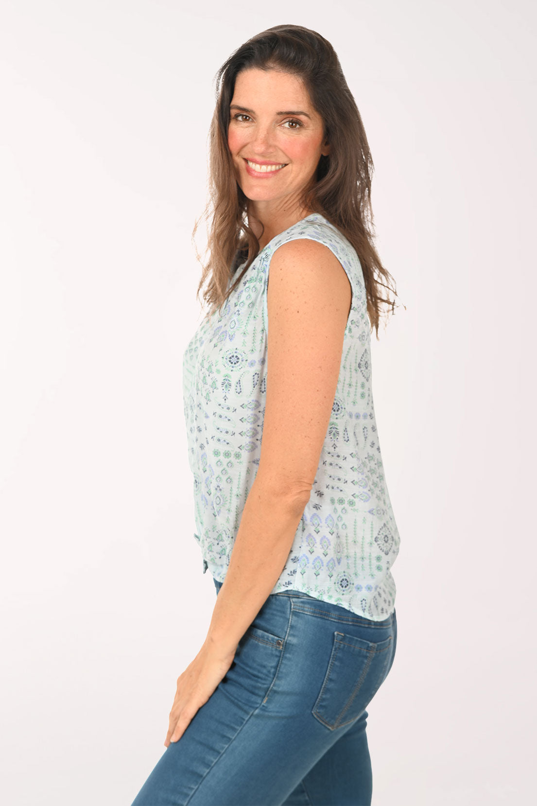 Garden Party Button-Front Sleeveless Blouse