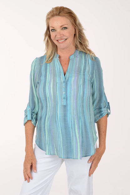Aruba Blue Stripe Pleated Roll Sleeve Blouse
