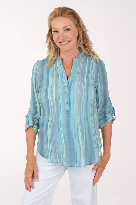Aruba Blue Stripe Pleated Roll Sleeve Blouse