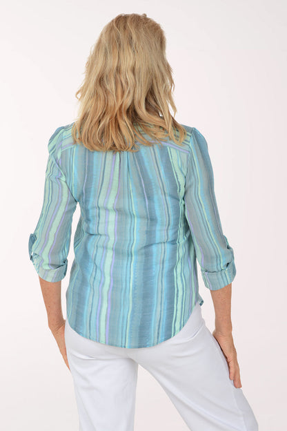 Aruba Blue Stripe Pleated Roll Sleeve Blouse