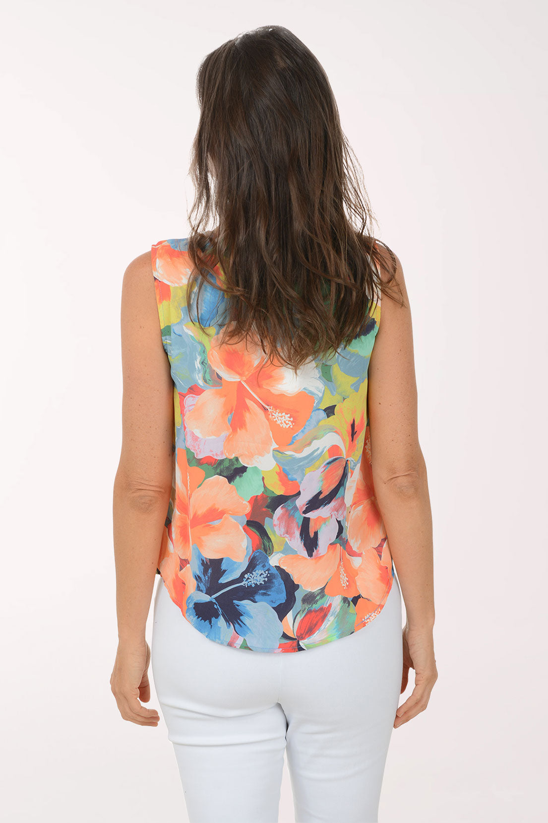 Coral Hibiscus Pleated Sleeveless Blouse