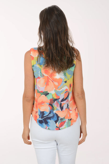 Coral Hibiscus Pleated Sleeveless Blouse