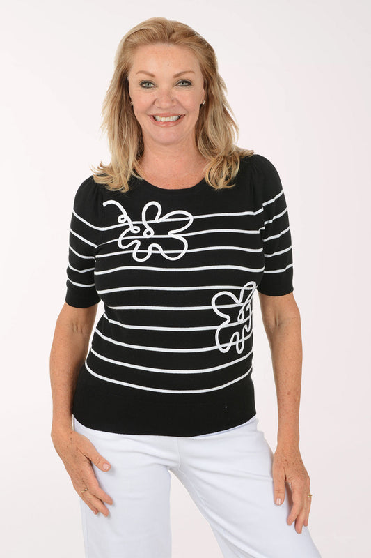 Black Looping Floral Striped Short Sleeve Sweater