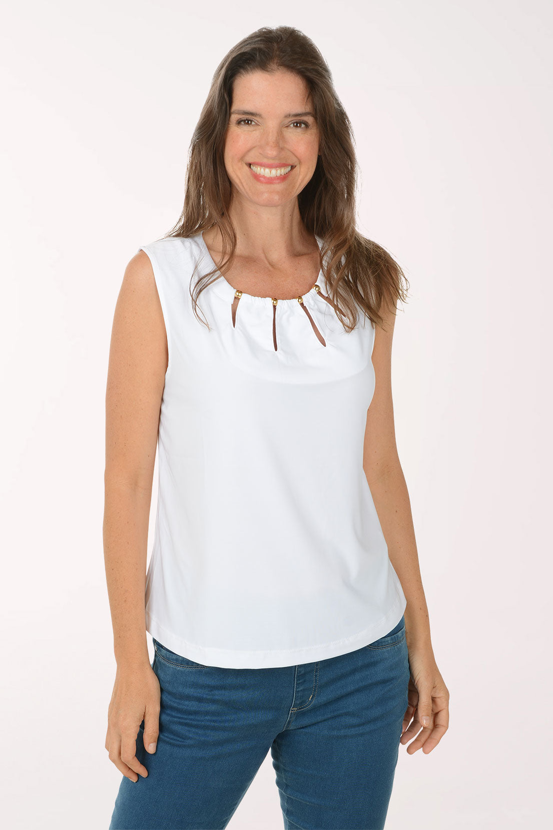 Solid Beaded Neck Sleeveless Top