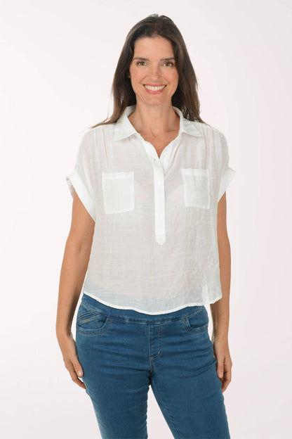 Solid Cuffed Short Sleeve Blouse