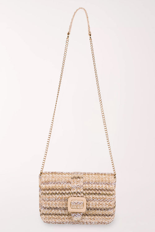 Beige Straw Snap Buckle Crossbody Bag