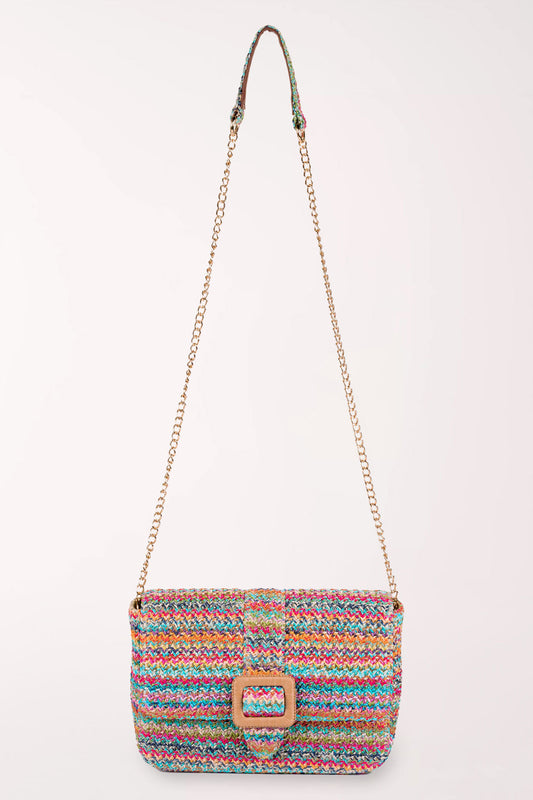 Multicolor Straw Snap Buckle Crossbody Bag